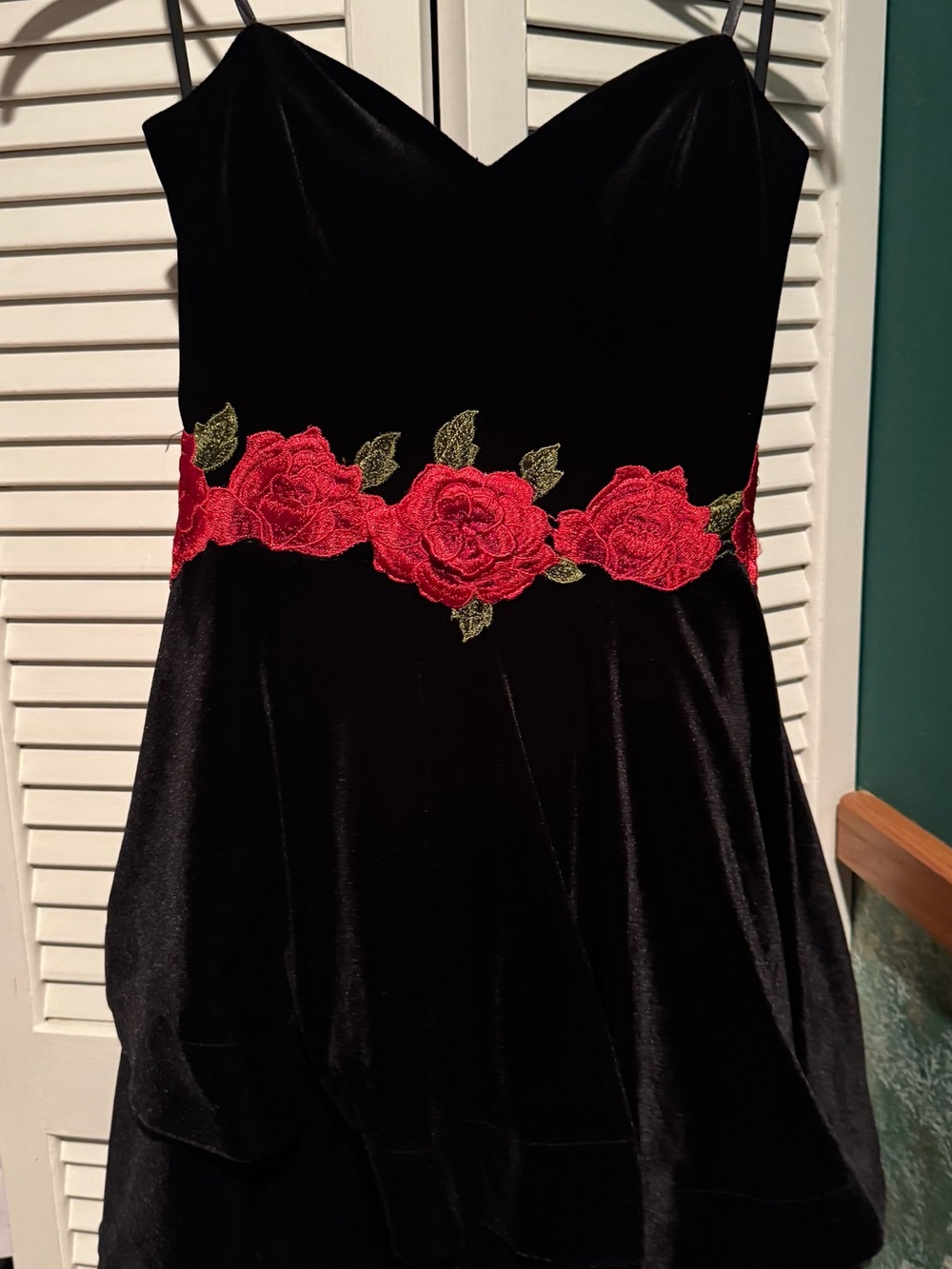 B Darlin Black Velvet Strapless Dress with Red Rose Embroidery